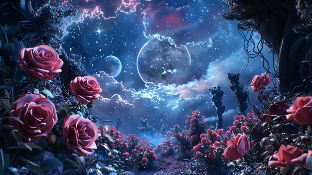 A beautiful surreal landscape with a path leading through a field of red roses The sky is dark and there are two moons