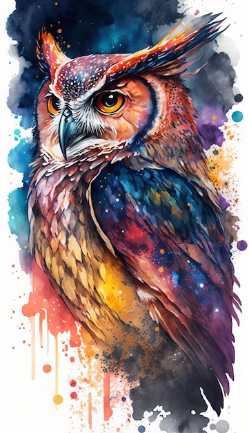 A beautiful and surrealistic watercolor illustration of a superb owl