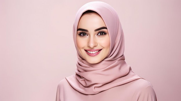Foto una bella ragazza dolce di aspetto musulmano in un hijab su uno sfondo chiaro generazione di ia