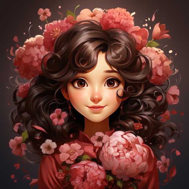 Photo beautiful sweet girl with long black brown hair in crimson floral dress holding peony flowerhigh qua...