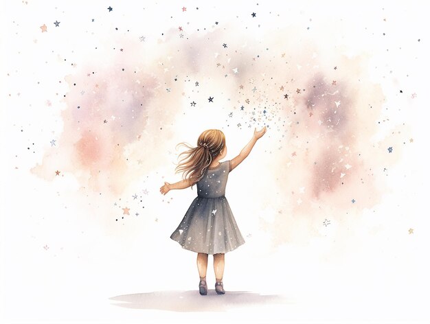 Beautiful sweet little girl in dress in glowing cloud of magical dandelion sparkle View from back