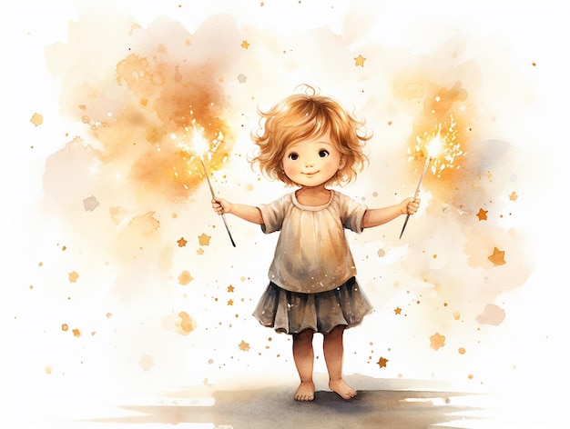 Beautiful sweet little girl with sparkler in cloud of magical sparkles Fairy tale illustration