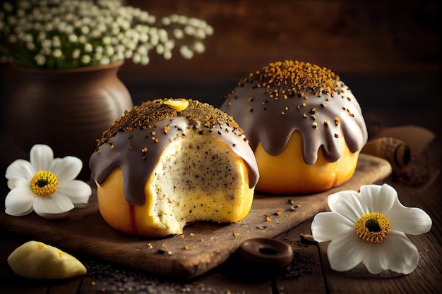 Beautiful sweet poppy seed buns with spongy dough and marzipan glaze