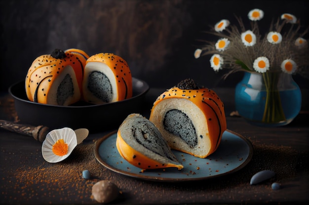 Beautiful sweet poppy seed buns with spongy dough and marzipan glaze
