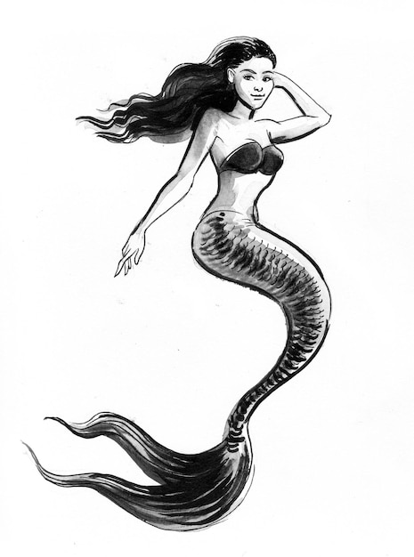 Photo beautiful swimming mermaid. ink and watercolor drawing