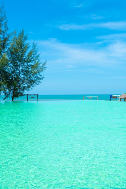Красивый бассейн с кокосовой пальмой и морским фоном