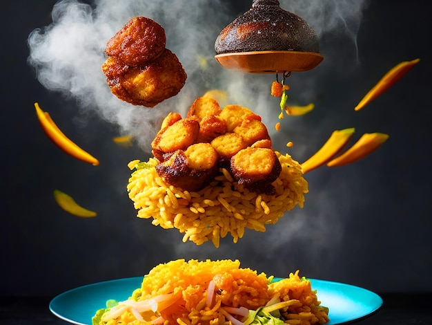 Foto bellissimo vapore alimentare vorticoso con nuggets di pollo galleggianti nell'insalata d'aria di jollof ricco di aspetto