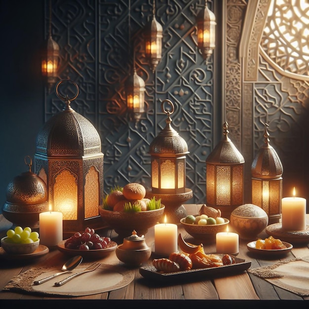 Photo beautiful table iftar with lamp in ramadan