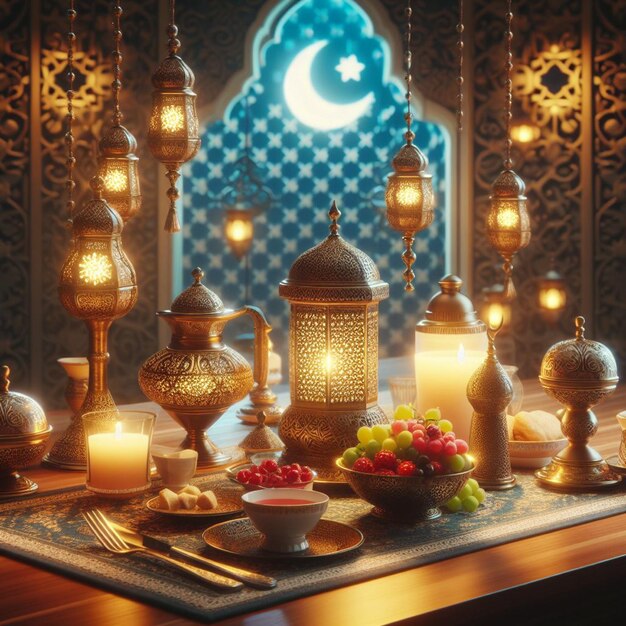 Beautiful table iftar with lamp in ramadan