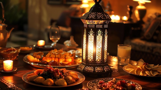 Photo a beautiful table set with a lantern candles and delicious food the warm light of the lantern and candles creates a cozy and inviting atmosphere