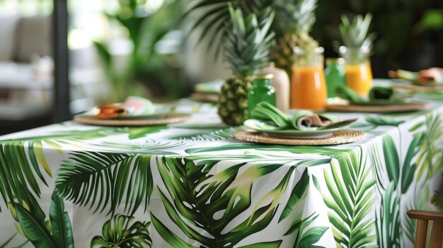 Photo a beautiful table set with a tropicalthemed tablecloth plates and napkins