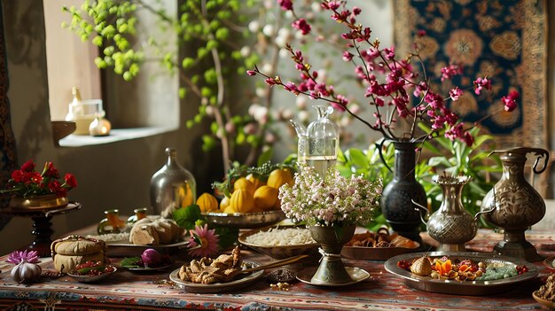 Красивый стол с разнообразной вкусной едой, включая фрукты, овощи и мясо. Также есть ваза с цветами и бутылка вина.