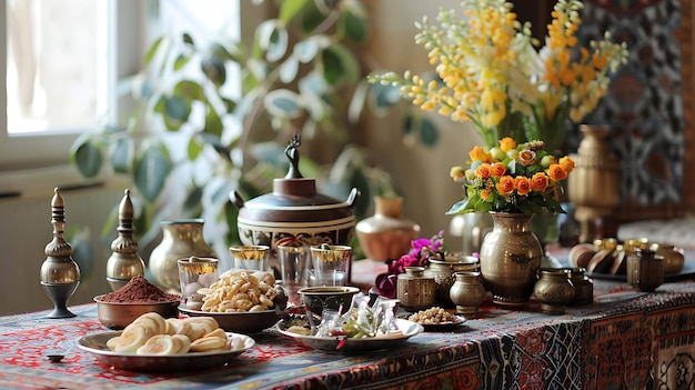 A beautiful table set with a variety of traditional Turkish foods