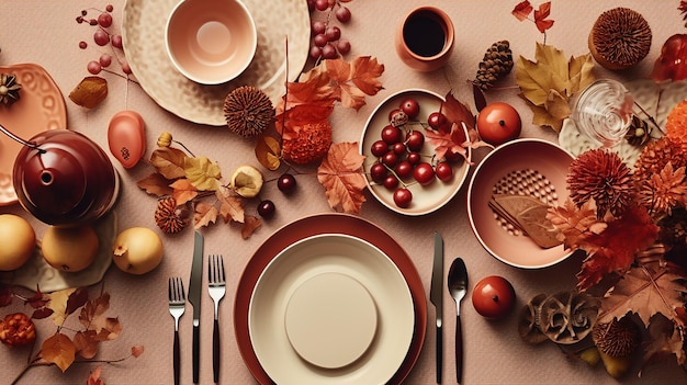 Beautiful table setting in Auntum and Christmas decor in living room with light brown and red