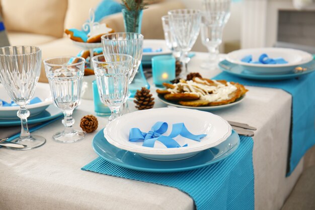 Beautiful table setting for Hanukkah, closeup