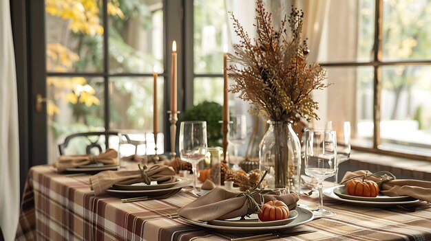A beautiful table setting for a Thanksgiving dinner The table is set with a plaid tablecloth and there are four place settings