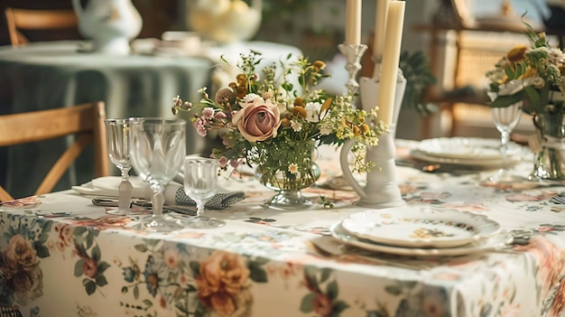 A beautiful table setting with a floral centerpiece The table is set with fine china and crystal There are four place settings