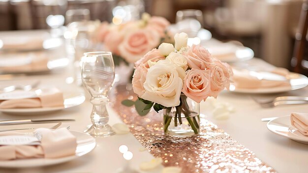 A beautiful table setting with a runner of gold sequins and a centerpiece of white and pink roses