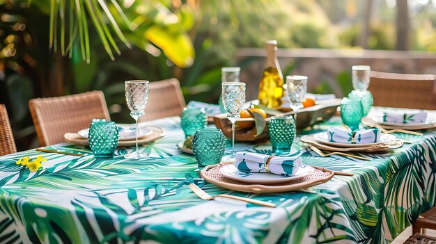 A beautiful table setting with a tropical theme The table is set with green and white patterned tablecloth green glasses and gold cutlery