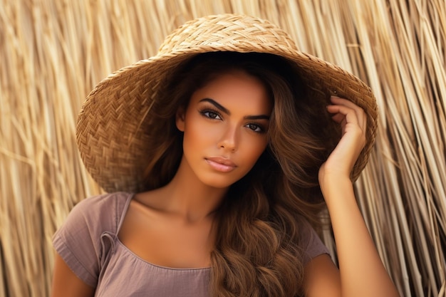 Beautiful tanned girl who lies on a wheat field holding straw hat that covers her body look camera