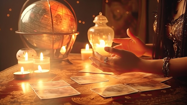 A beautiful tarot reader or Fortune teller reading and forecasting concept gypsy card Generative Ai
