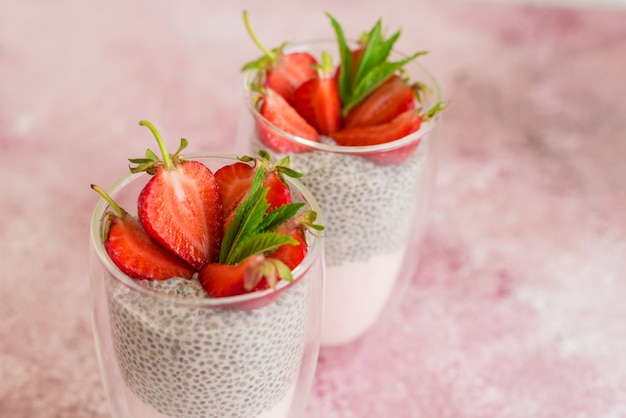 Beautiful and tasty dessert with strawberry and chia seeds