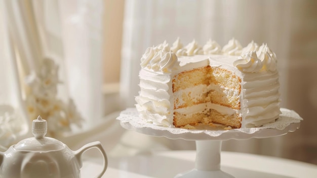 Beautiful tasty white cake with white cream on cake stand