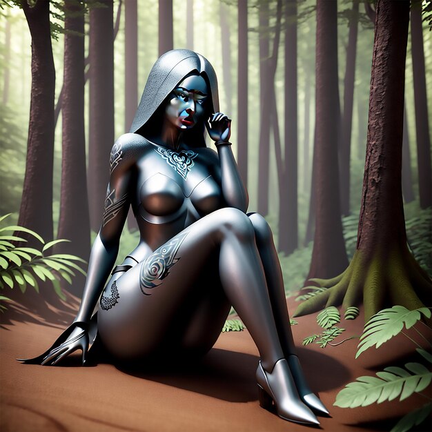 Photo a beautiful tattoed steel skin woman seats in the forest 3d render dark fantasy