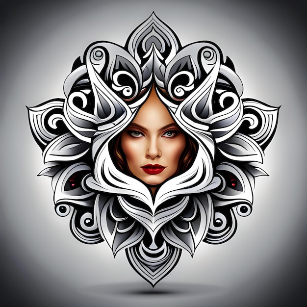 beautiful tattoo design with flowers leaves and lady face