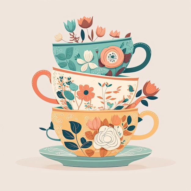 Beautiful tea cups with floral elements on flat backgorund Generative Ai