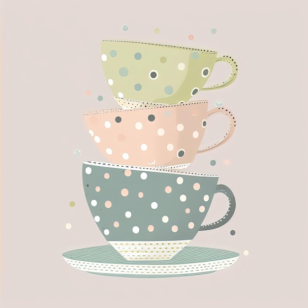 Beautiful tea cups with polka dots elements on flat backgorund Generative Ai