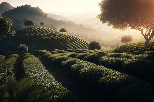 Красивый вид на чайную ферму с живописными холмами, покрытыми растениями зеленого чая