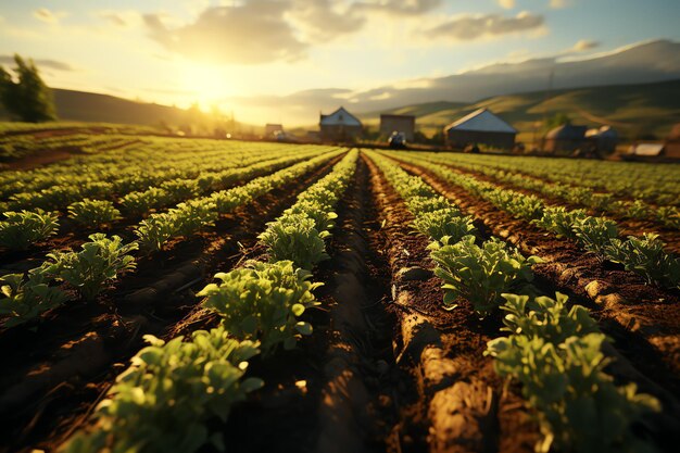 Foto bellezza di una piantagione di tè, una fattoria di vigneti o un giardino di fragole sulla collina verde all'alba