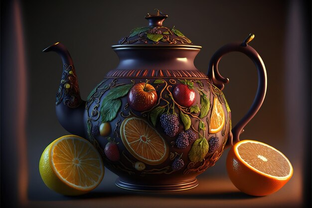 Beautiful tea kettle Volumetric pattern of fruits berries citrus fruits 3D rendering AI generated