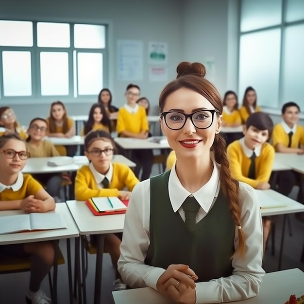 A beautiful teacher smiles at the camera as her students sit in front of the elementary school class