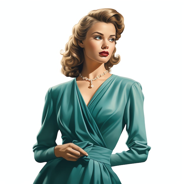 Premium Photo  Beautiful teal vintage dressed woman from the 1950s retro dress  clipart illustration