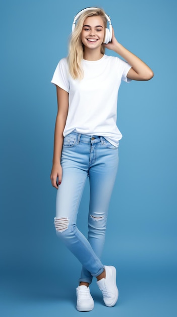 Beautiful Teen in Blue Jeans and White Tee in Blue Background