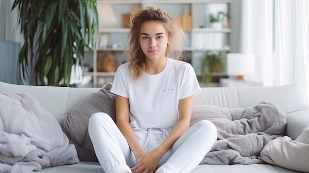 Beautiful teen girl wearing jeans and white t shirt sitting ono sofa model