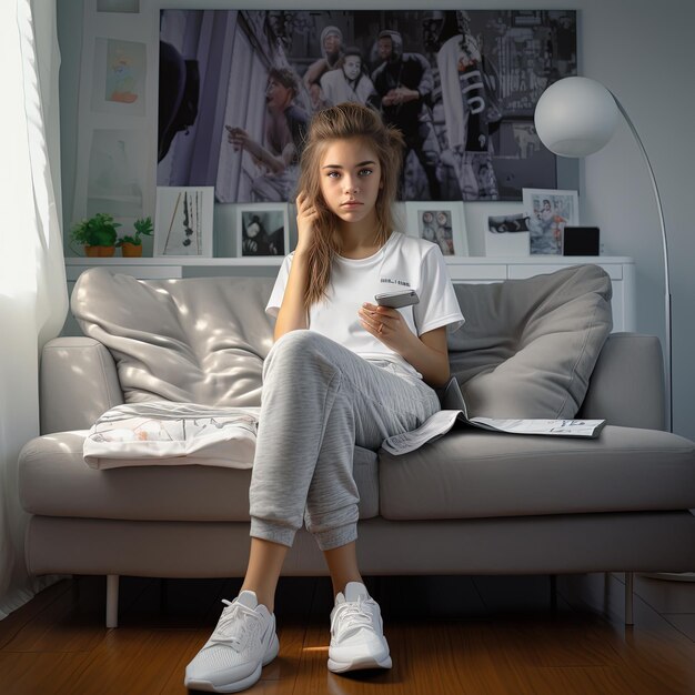 Beautiful teen girl wearing jeans and white t shirt sitting ono sofa model