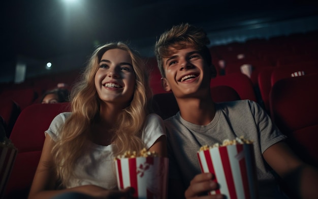 beautiful teenager couple boy and girl sitting next to each other inside cinema hall eating pop corn