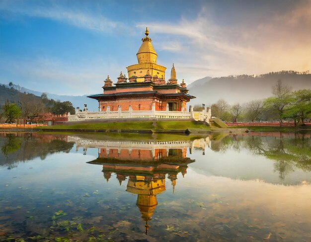 Photo beautiful temple reflection in standing water