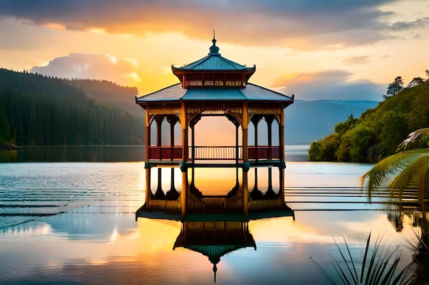 湖を背景に美しい寺院