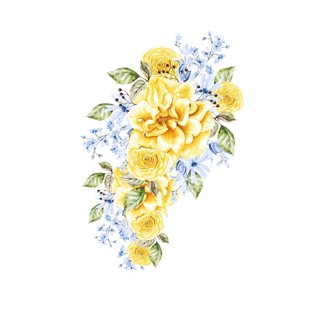 Beautiful tender watercolor bouquet with different flowers In blue and yallow colors IllustrationxA