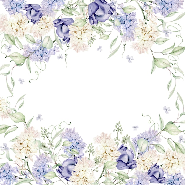 ヒヤシンスチューリップバイオレットのさまざまな花と美しい柔らかい水彩画のイラスト