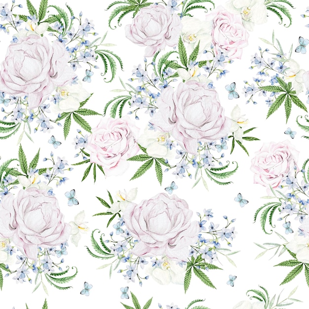 Beautiful tender watercolor pattern with different flowers and cannnabis IllustrationxA