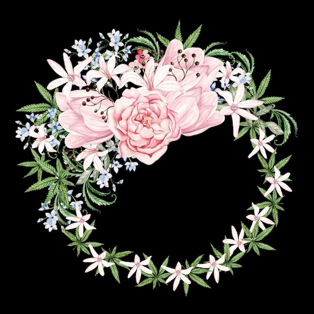 Beautiful tender watercolor wreath with different flowers and cannnabis IllustrationxA