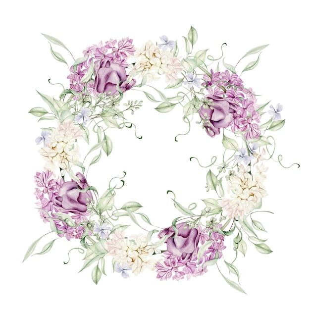 Beautiful tender  watercolor wreath with different flowers of hyacinth tulips violet Illustrationx