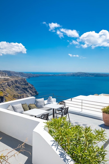 Beautiful terrace and caldera view. Amazing luxury vacation landscape panorama, Santorini, Greece