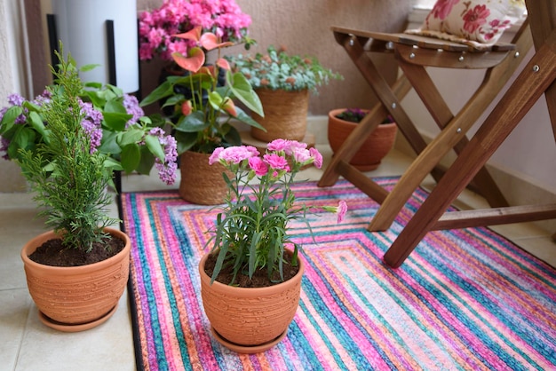 写真 花のある美しいテラスまたはバルコニー。カラフルなラグカーペットとポット。夏ののどかな座席