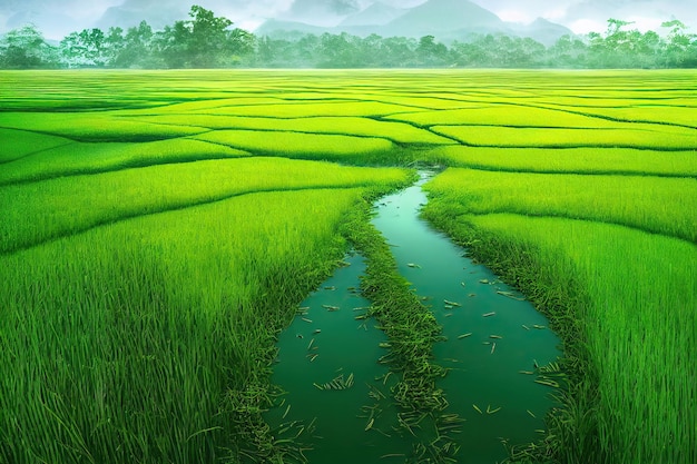 Beautiful terraced rice field in water season top view of rices paddy fieldthailand generative ai